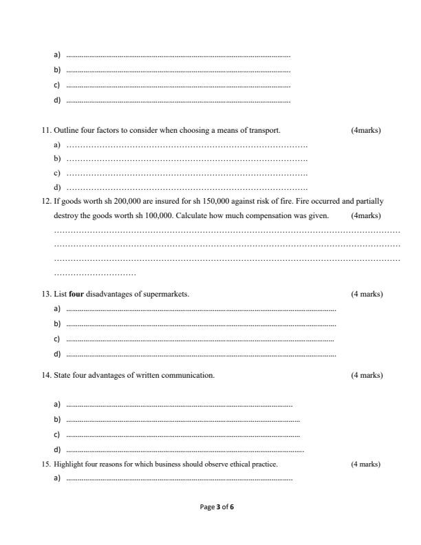 Form 3 Business Studies Term 1 Opener Exam 2024 2000