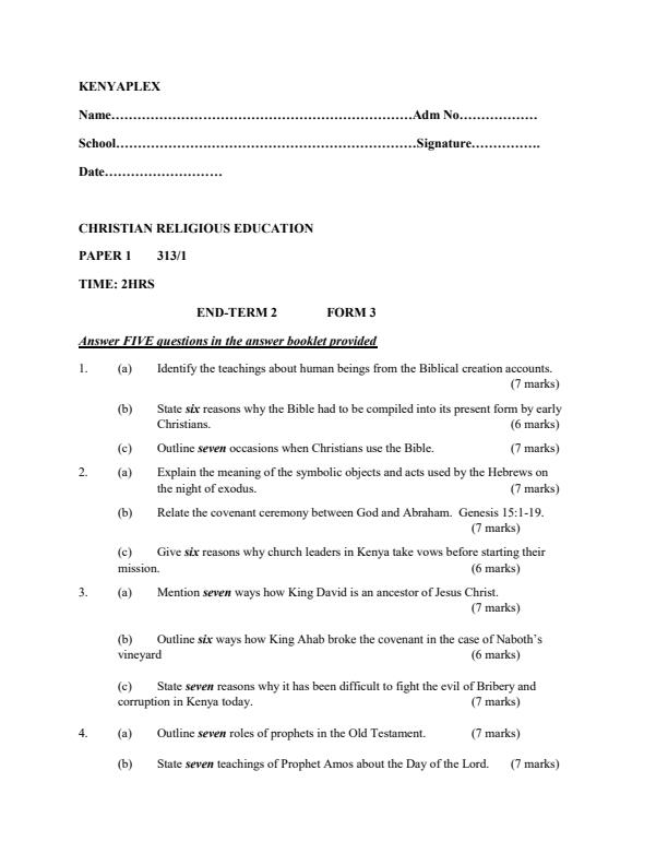 Form 3 CRE Paper 1 EndTerm 2 Examination 2021. 884