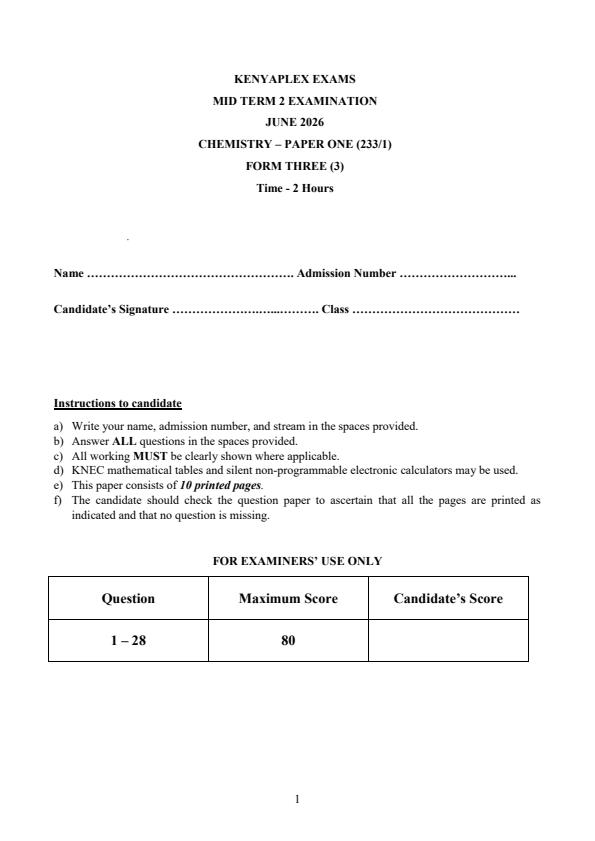 Preview page Form-3-Chemistry-Mid-Term-2-Exam-2026_6079_0.jpg