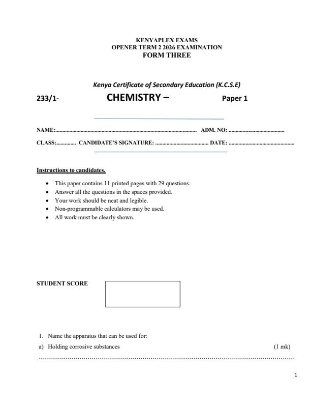 Preview page Form-3-Chemistry-Paper-1-Term-2-Opener-Exam-2026_5699_0.jpg
