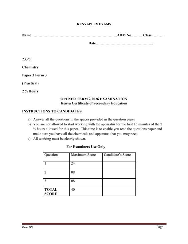 Preview page Form-3-Chemistry-Paper-3-Term-2-Opener-Exam-2026_5701_0.jpg