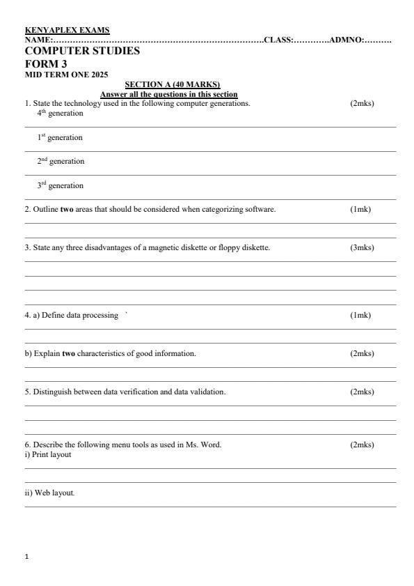 Preview page Form-3-Computer-Studies-Mid-Term-1-Exam-2025_3721_0.jpg