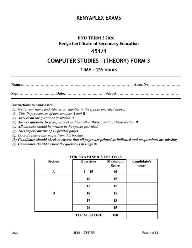 Preview page Form-3-Computer-Studies-Paper-1-End-Term-3-Exam-2026_6978_0.jpg