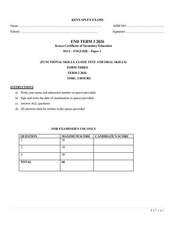 Preview page Form-3-English-Paper-1-End-Term-3-Exam-2026_6980_0.jpg