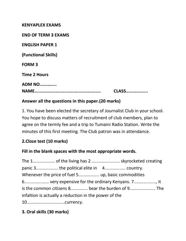 Form 3 English Paper 1 End of Term 3 Examination 2021 823