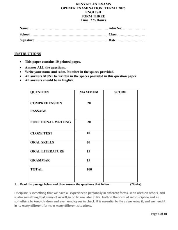 Preview page Form-3-English-Term-1-Opener-Exam-2025_3568_0.jpg