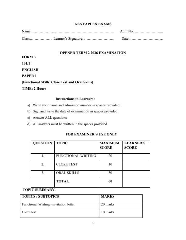 Preview page Form-3-English-paper-1-Term-2-Opener-Exam-2026_5704_0.jpg