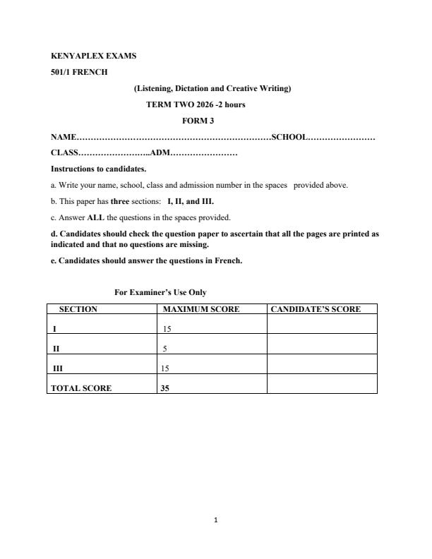 Preview page Form-3-French-Paper-1-End-Term-2-Exam-2026_6256_0.jpg
