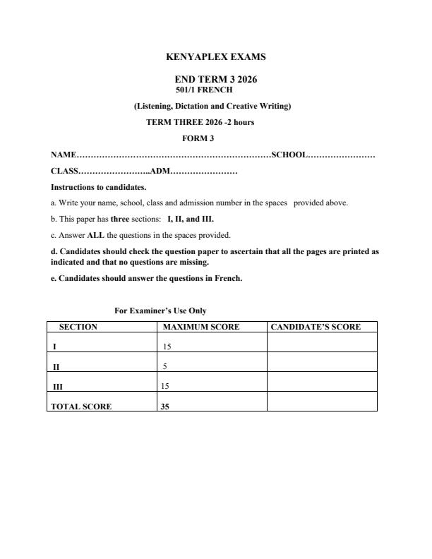 Preview page Form-3-French-Paper-1-End-Term-3-Exam-2026_6983_0.jpg