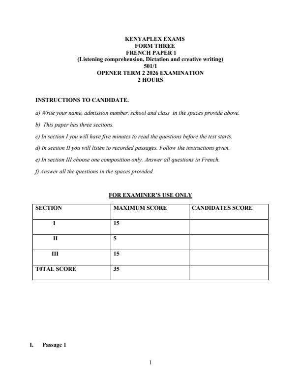 Preview page Form-3-French-Paper-1-Term-2-Opener-Exam-2026_5707_0.jpg