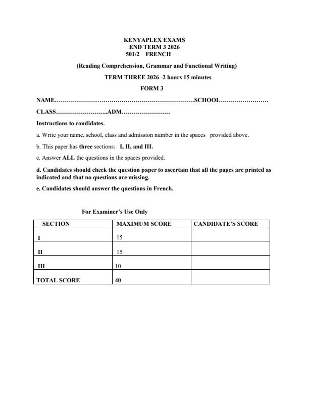 Preview page Form-3-French-Paper-2-End-Term-3-Exam-2026_6984_0.jpg