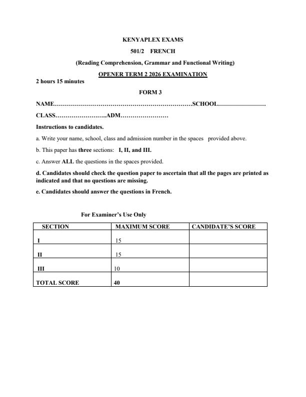 Preview page Form-3-French-paper-2-Term-2-Opener-Exam-2026_5708_0.jpg