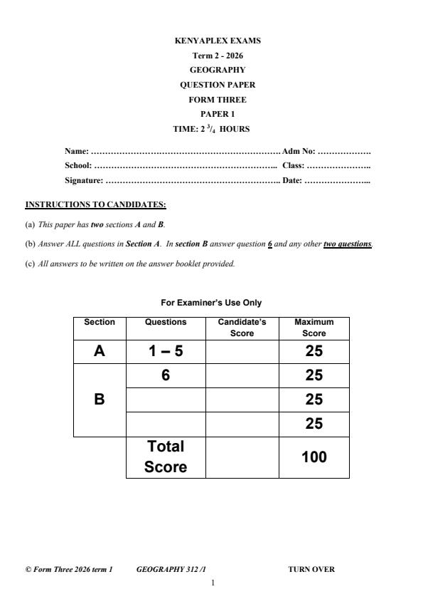 Preview page Form-3-Geography-Paper-1-Term-2-Opener-Exam-2026_5710_0.jpg
