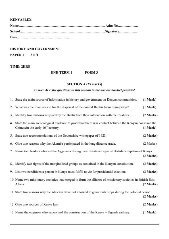 Form 3 History Paper 1 End Term 1 2021 Exam 862