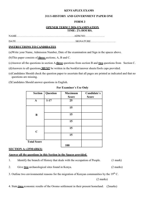 Preview page Form-3-History-Paper-1-Term-2-Opener-Exam-2026_5712_0.jpg