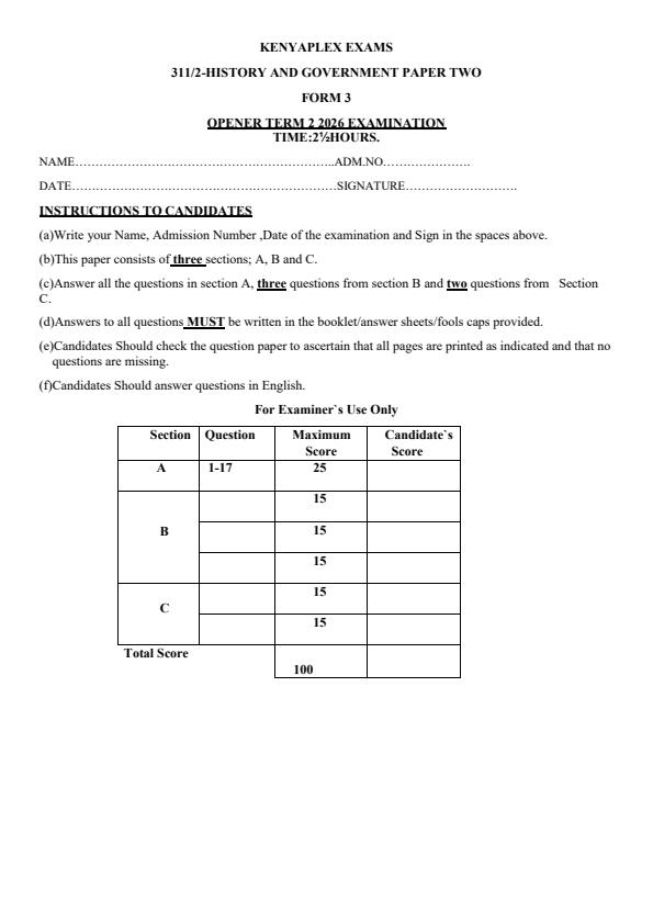 Preview page Form-3-History-Paper-2-Term-2-Opener-Exam-2026_5713_0.jpg