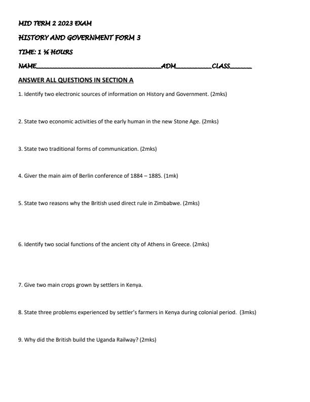Preview page Form-3-History-and-Government-Mid-Term-2-Exam-2023_1679_0.jpg