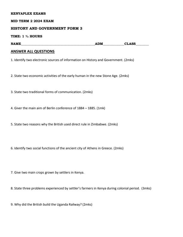 Preview page Form-3-History-and-Government-Mid-Term-2-Examination-2024_2507_0.jpg