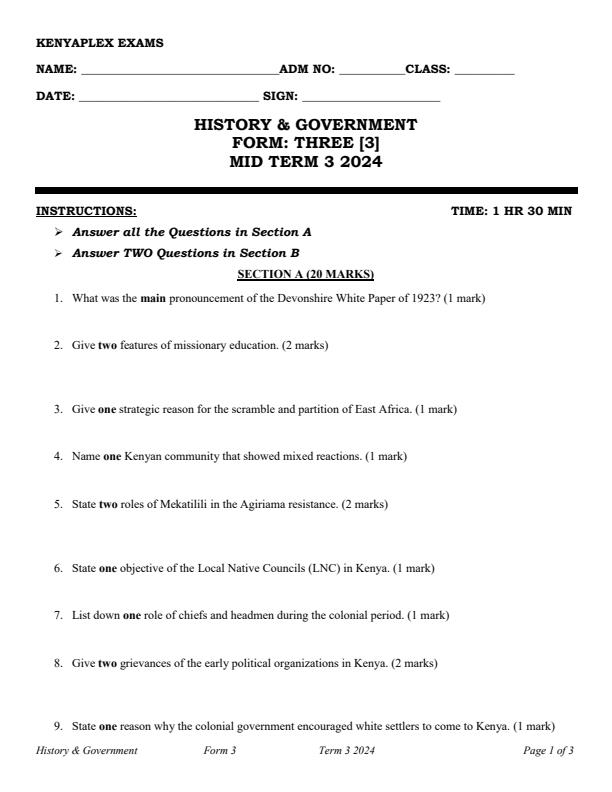 Preview page Form-3-History-and-Government-Mid-Term-3-Examination-2024_3244_0.jpg