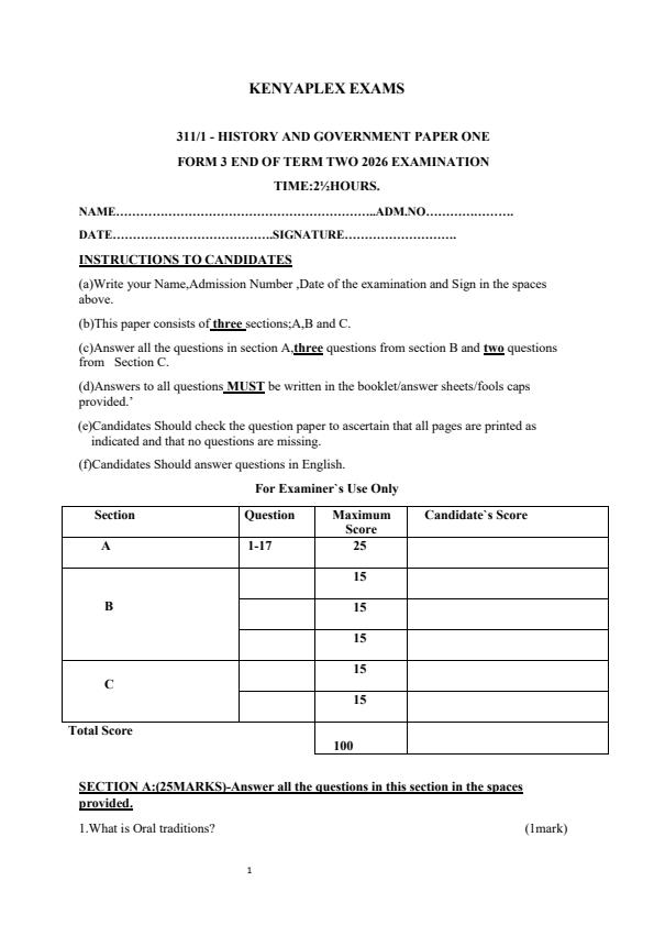 Preview page Form-3-History-and-Government-Paper-1-End-Term-2-Exam-2026_6232_0.jpg