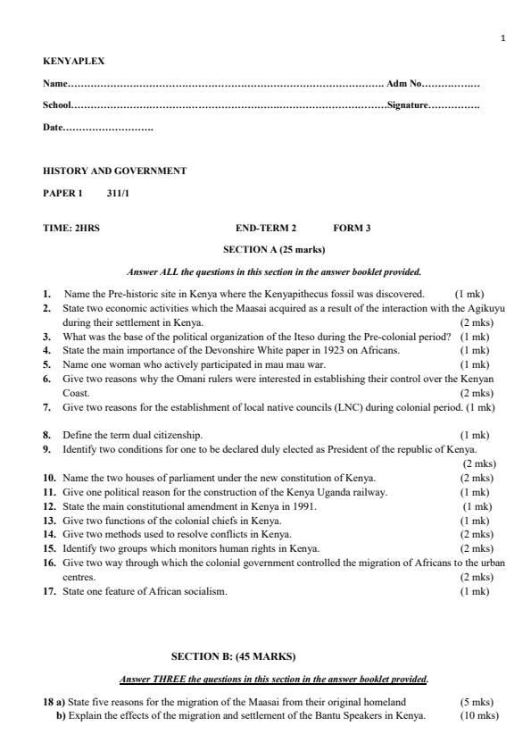 Preview page Form-3-History-and-Government-Paper-1-End-of-Term-2-Examination-2021_882_0.jpg