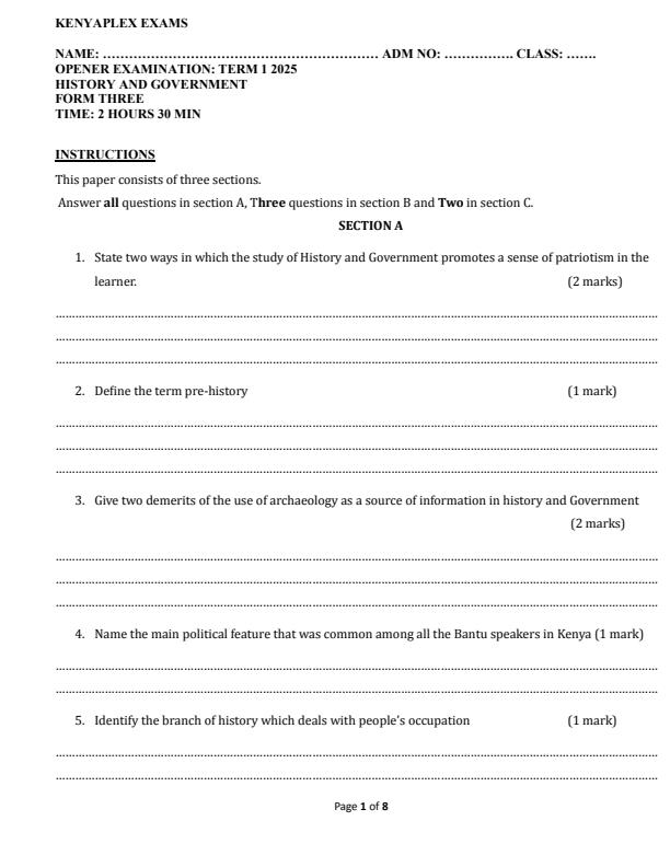 Preview page Form-3-History-and-Government-Term-1-Opener-Exam-2025_3570_0.jpg