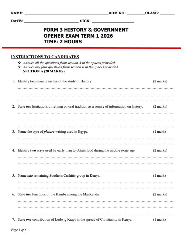 Preview page Form-3-History-and-Government-Term-1-Opener-Exam-2026_4897_0.jpg