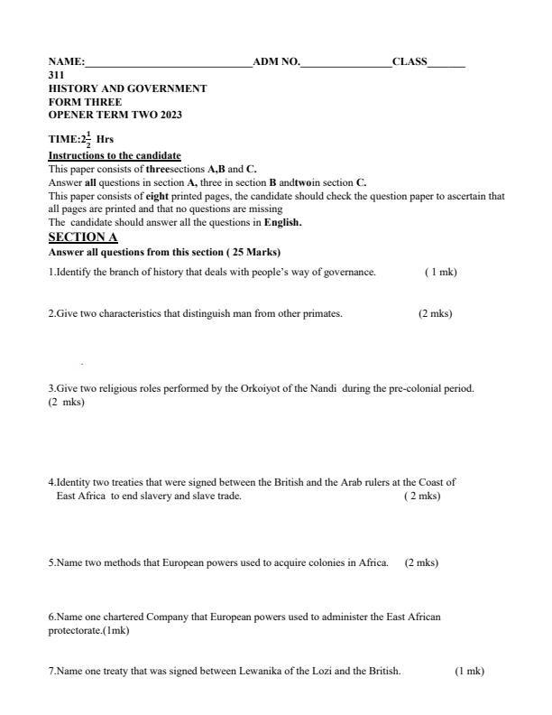 Preview page Form-3-History-and-Government-Term-2-Opener-Exam-2023_1610_0.jpg