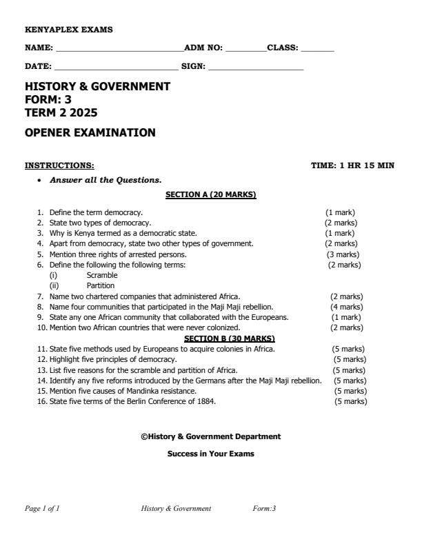 Preview page Form-3-History-and-Government-Term-2-Opener-Exam-2025_3944_0.jpg