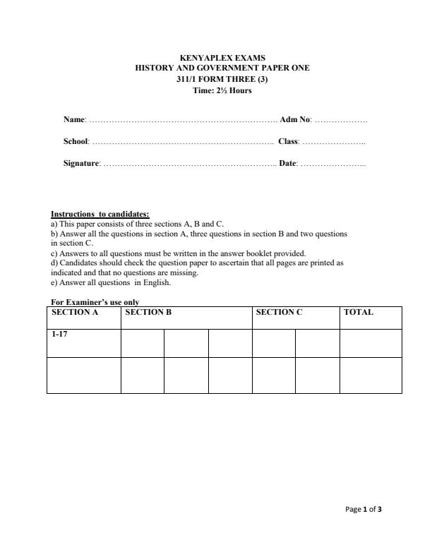 Preview page Form-3-History-and-Government-Term-3-Opener-Exam-2024-Version-2_3098_0.jpg