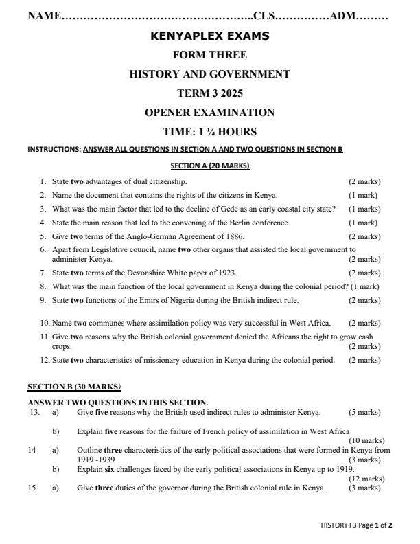 Preview page Form-3-History-and-Government-Term-3-Opener-Exam-2025_4596_0.jpg