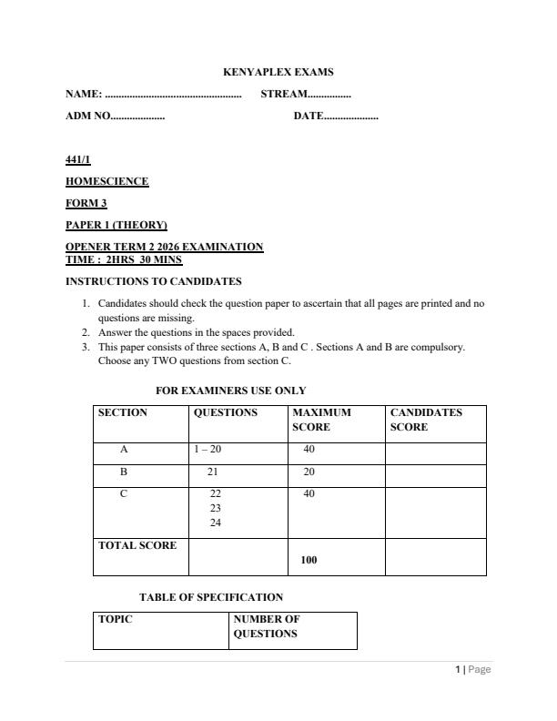 Preview page Form-3-Home-Science-Paper-1-Term-2-Opener-Exam-2026_5714_0.jpg
