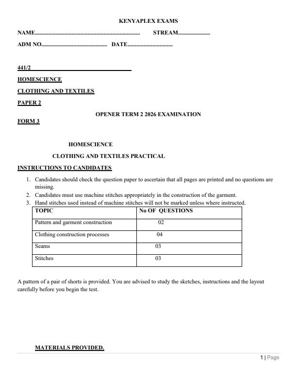 Preview page Form-3-Home-Science-Paper-2-Term-2-Opener-Exam-2026_5715_0.jpg