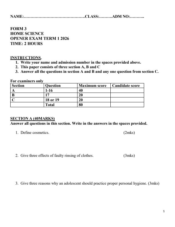Preview page Form-3-Home-Science-Term-1-Opener-Exam-2026_4898_0.jpg