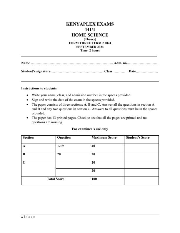 Preview page Form-3-Home-Science-Term-3-Opener-Exam-2024-Version-2_3099_0.jpg