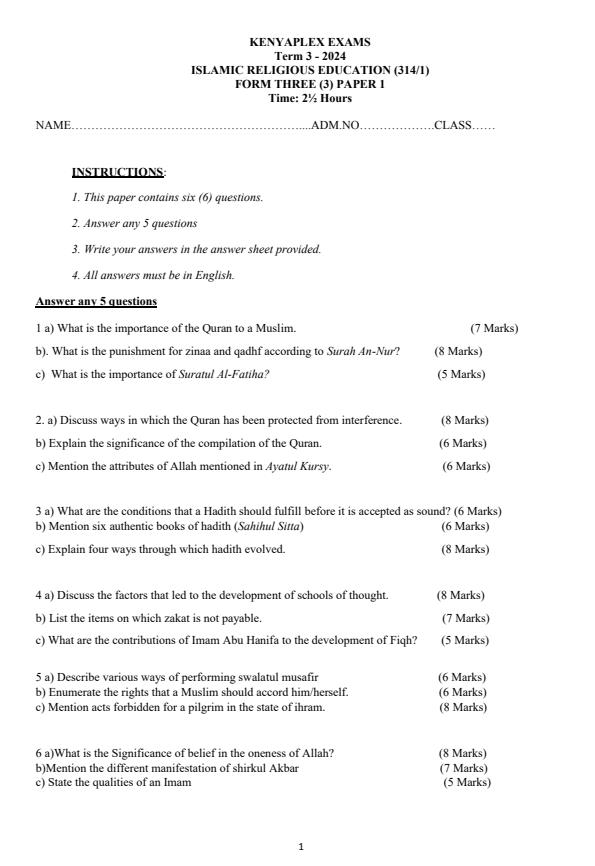 Preview page Form-3-IRE-Paper-1-End-of-Term-3-Examination-2024_3312_0.jpg