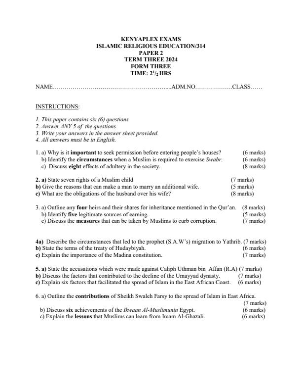 Preview page Form-3-IRE-Paper-2-End-of-Term-3-Examination-2024_3313_0.jpg