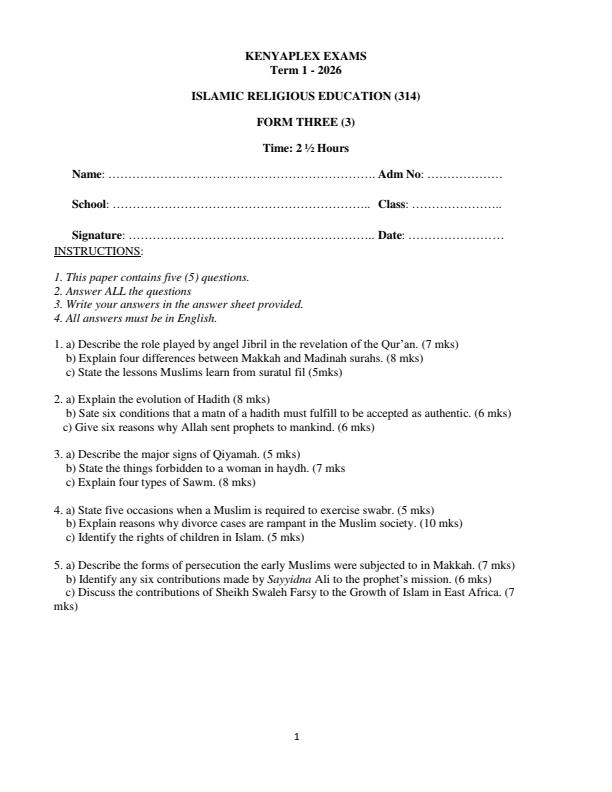 Preview page Form-3-Islamic-Religious-Education-End-Term-1-Exam-2026_5472_0.jpg