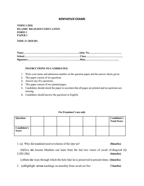 Preview page Form-3-Islamic-Religious-Education-Paper-1-End-Term-2-exam-2026_6236_0.jpg