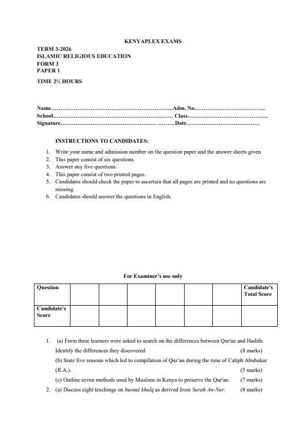Preview page Form-3-Islamic-Religious-Education-Paper-1-End-Term-3-Exam-2026_6989_0.jpg