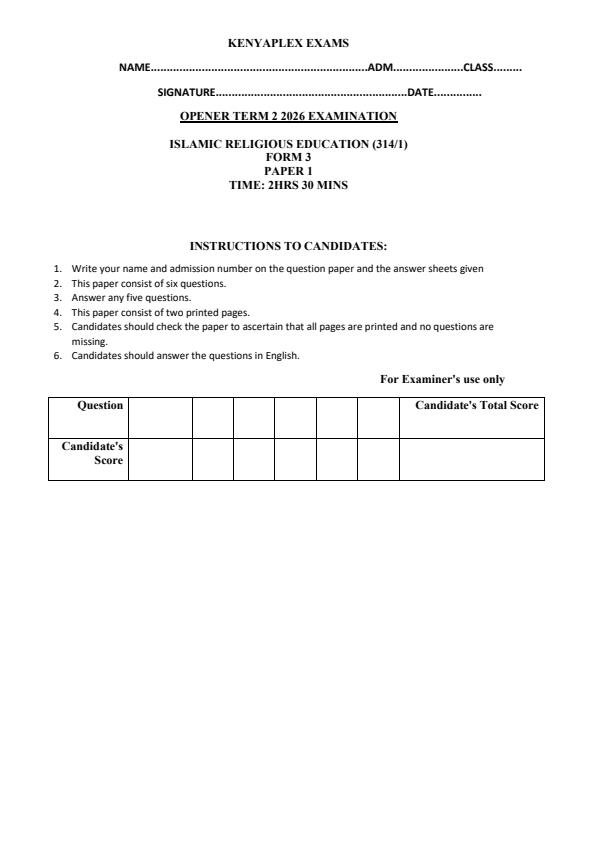 Preview page Form-3-Islamic-Religious-Education-Paper-1-Term-2-Opener-Exam-2026_5716_0.jpg