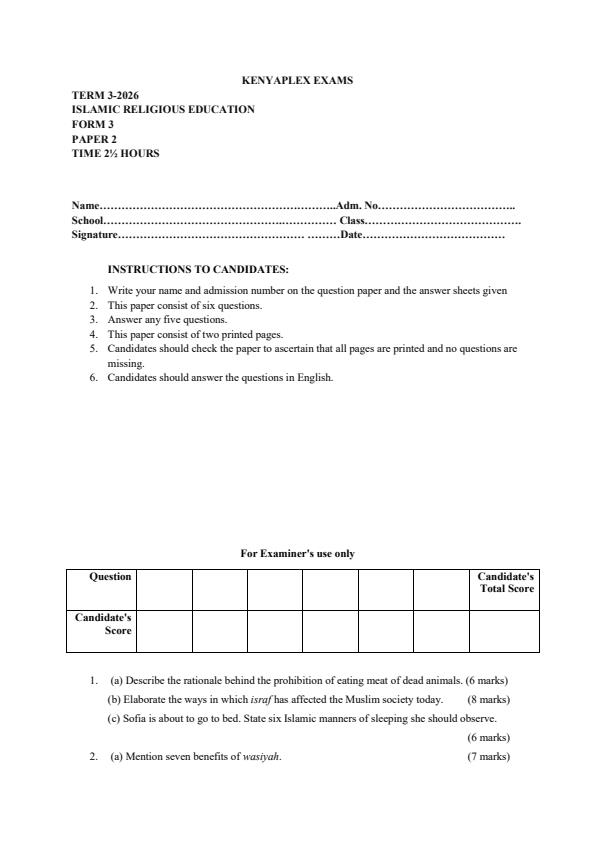 Preview page Form-3-Islamic-Religious-Education-Paper-2-End-Term-3-Exam-2026_6990_0.jpg
