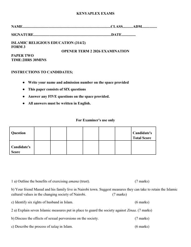 Preview page Form-3-Islamic-Religious-Education-Paper-2-Term-Opener-Exam-2026_5717_0.jpg
