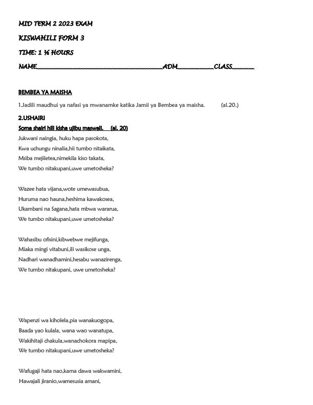 Preview page Form-3-Kiswahili-Mid-Term-2-Exam-2023_1694_0.jpg
