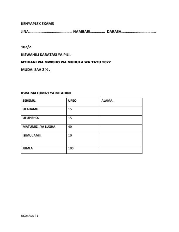 Form 3 Kiswahili Paper 2 End of Term 3 Examination 2022 1162