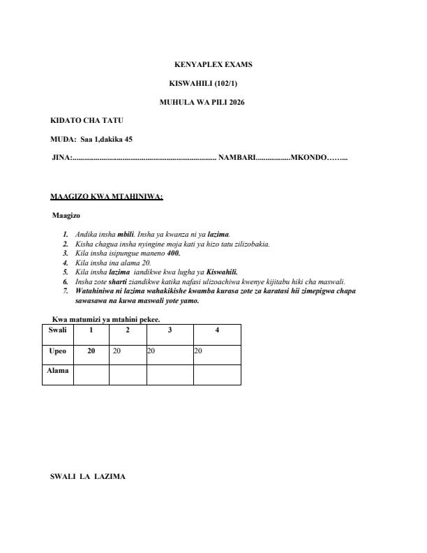 Preview page Form-3-Kiswahili-paper-1-End-Term-2-Exam-2026_6238_0.jpg