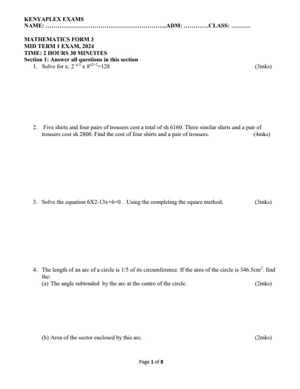 Preview page Form-3-Mathematics-Mid-Term-1-Examination-2024_2076_0.jpg