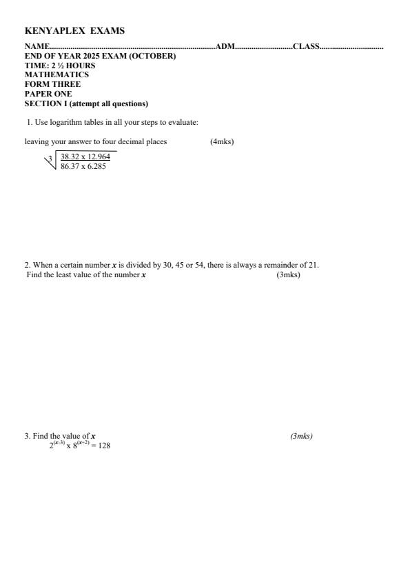 Preview page Form-3-Mathematics-Paper-1-End-of-Term-3-Examination-2025_4765_0.jpg