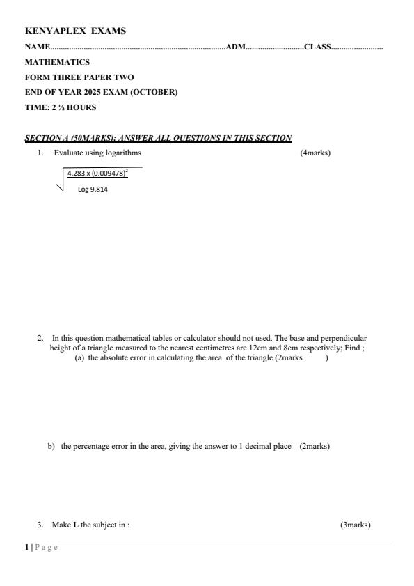 Preview page Form-3-Mathematics-Paper-2-End-of-Term-3-Examination-2025_4766_0.jpg