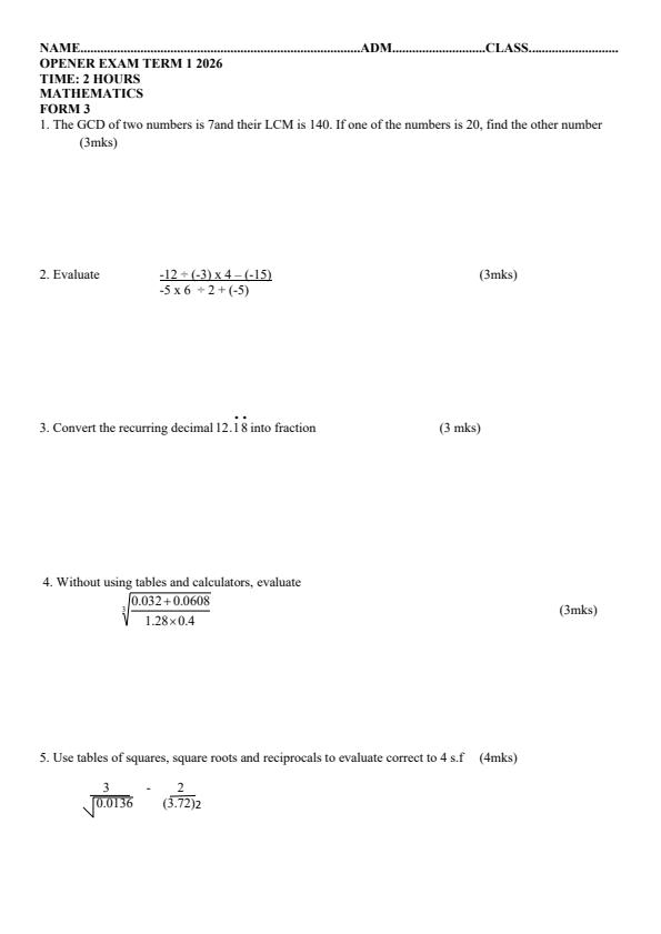 Preview page Form-3-Mathematics-Term-1-Opener-Exam-2026_4900_0.jpg